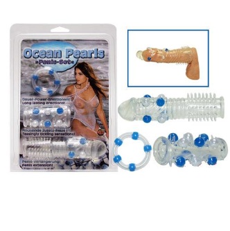Set pentru penis Ocean Pearls, ce contine manson penis, inel erectie si prelungitor penis